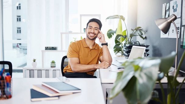 Office smile portrait, business and happy man, bookkeeper or consultant relax after accounting work. Leaning on desk, bookkeeping or Asian person satisfaction with happiness, career growth or success. - Foto, imagen