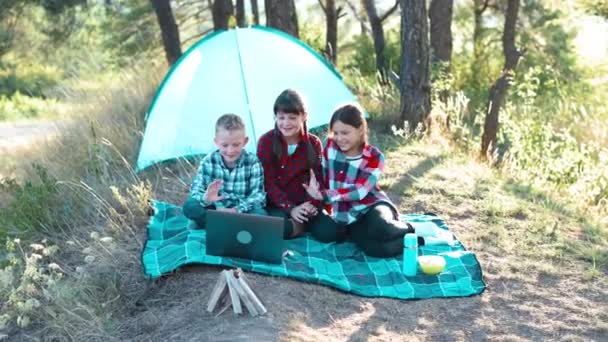 Children have video chat on laptop in the forest. Boys and girls are resting in a tent camp. Children sit on the plaid on the grass in summer. - Footage, Video