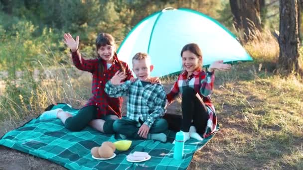 Children sitting on the plaid and looking at camera, they wave their hands in greeting in the forest. Boy and girls are resting in a tent camp. - Footage, Video