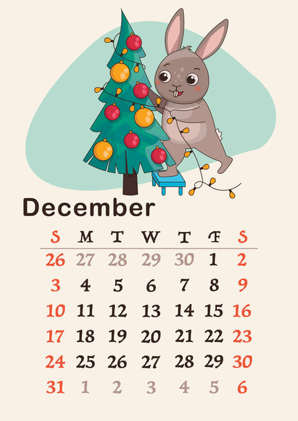 Vertical calendar 2023. Month of December. The hare stands on a stool and decorates a Christmas tree with balls with a garland. A4 format. Vector. - Διάνυσμα, εικόνα
