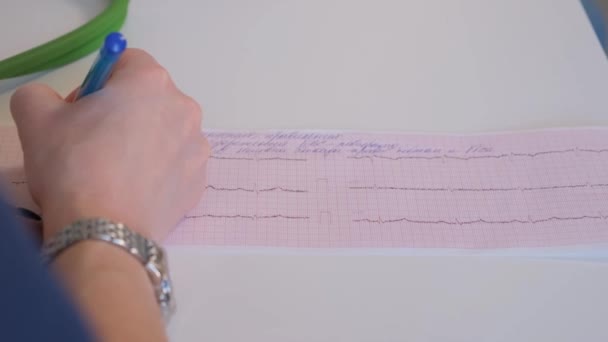 Kardiologi suorittaa EKG: n sydämen sähköisen toiminnan poikkeavuuksien esiintymisestä. Lääkäri tutkii potilaan sairaushistoriaa ja tekee sitten analyysin. - Materiaali, video