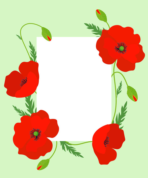White sheet of paper with poppy flowers on a green background. Vector illustration. - Vector, Imagen