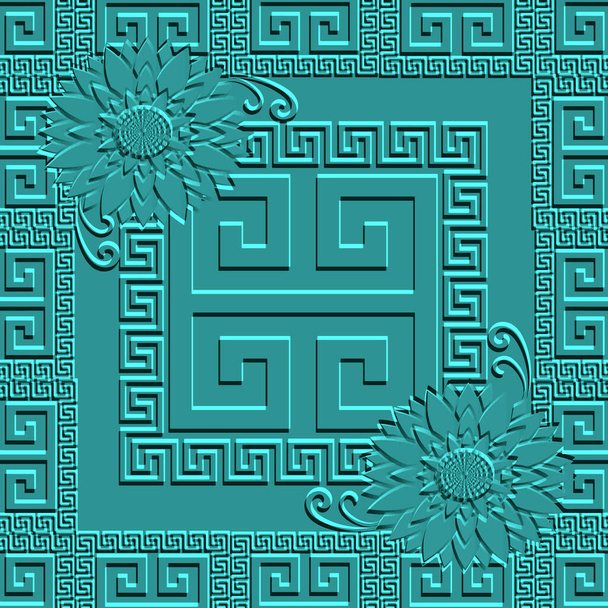 正方形のフレーム、花、迷路とエンボス3dギリシャの花のシームレスなパターン。ベクトル装飾テクスチャブルーの背景。救援華やかな背景を繰り返します。3D花、境界線を持つ表面グランジ装飾. - ベクター画像