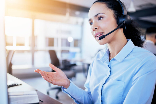 Call center, help desk and listening with woman in office for customer service, technical support or hotline. Telemarketing, contact us and communication with employee for legal advice and operator. - Zdjęcie, obraz