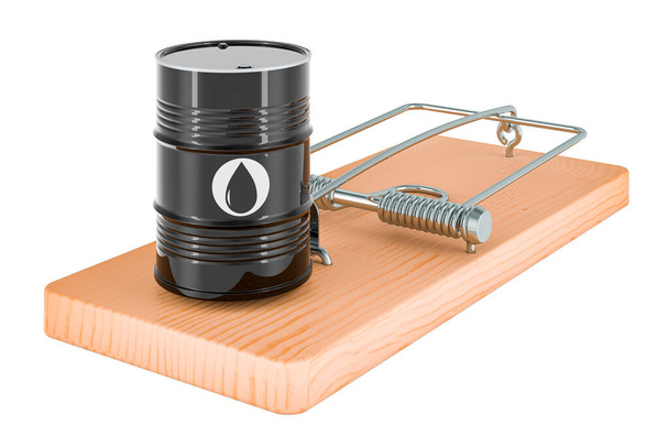 Oil barrel inside mousetrap. 3D rendering isolated on white background  - Valokuva, kuva