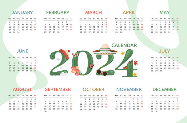 Kalendarz 2024 szablon horyzontalny z numerem kaktusa roku. Początek tygodnia W poniedziałek, planista, stacjonarny, kalendarz ścienny - Wektor, obraz