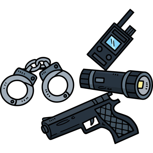 Dieser Cartoon-Clip zeigt einen Polizisten Ausrüstung Illustration. - Vektor, Bild
