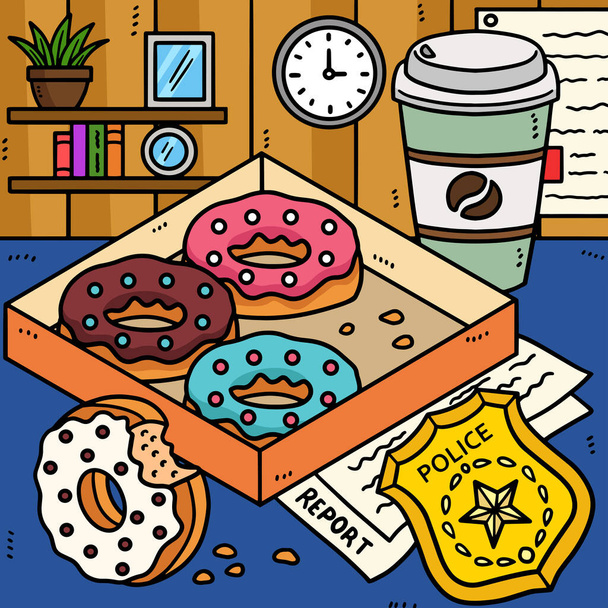 Dieser Cartoon-Clip zeigt ein Polizeiabzeichen, Donuts und Kaffee-Illustration. - Vektor, Bild