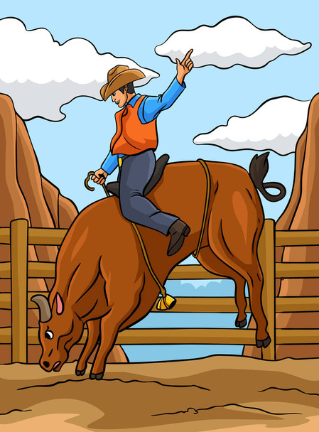 Este clip de dibujos animados muestra una ilustración de Bull Riding. - Vector, Imagen