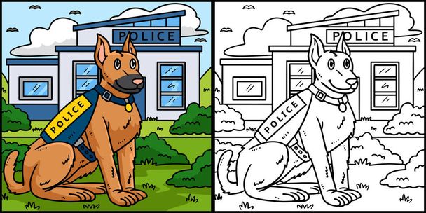 Esta página para colorir mostra um cão da polícia. Um lado desta ilustração é colorido e serve de inspiração para as crianças - Vetor, Imagem