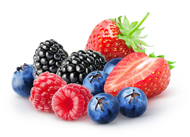 Isolated bunch of berries. Blackberry, raspberry, blueberry, strawberry fruits isolated on white background, with clipping path - Foto, immagini