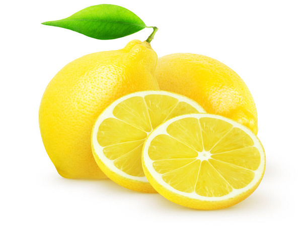Isolated lemons. Two whole lemon fruits and slices isolated on white with clipping path - Фото, зображення