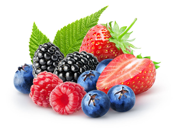 Isolated bunch of berries. Blackberry, raspberry, blueberry, strawberry fruits isolated on white background, with clipping path - Photo, Image