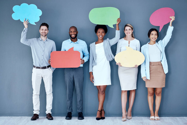 Staff group portrait, speech bubble and smile in office for social media, diversity or opinion by wall. Businessman, women and cloud poster for vote, recruitment or mockup with teamwork, idea or news. - Foto, imagen