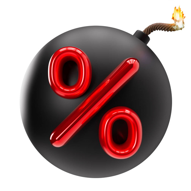 Percent discount 3D illustration isolated on white background. Sale, special offer, good price, deal, shopping. Price explosion. Cut out red and black design element, bomb. Sale off. 3D render - Photo, Image