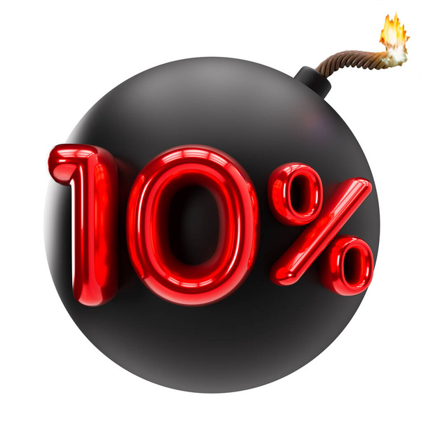 10 percent discount 3D illustration isolated on white background. Sale, special offer, good price, deal, shopping. Cut out red and black design element, bomb. Sale up to ten percent off. 3D render - Photo, Image