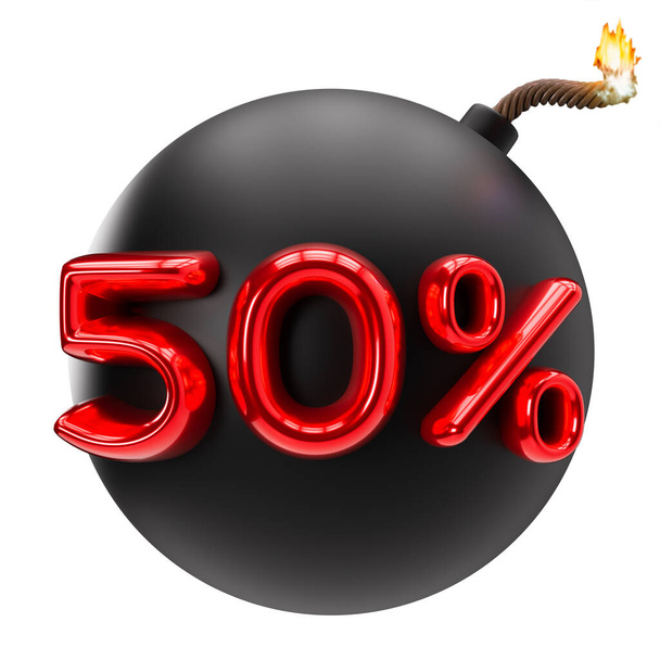 50 percent discount 3D illustration isolated on white background. Sale, special offer, good price, deal, shopping. Cut out red and black design element, bomb. Sale up to fifty percent off. 3D render - Photo, Image