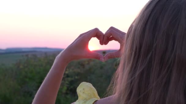 Egy fiatal nő a kezével tesz egy szívgesztust egy gyönyörű naplementében egy mezőn. 4k videó - Felvétel, videó