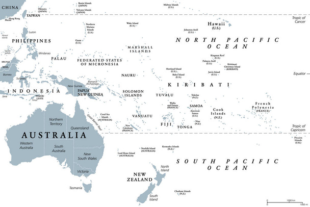 Óceánia, szürke politikai térkép. Ausztrália és a Csendes-óceán, beleértve Új-Zélandot is. Földrajzi régió, az ázsiai-csendes-óceáni régiótól délkeletre, beleértve Ausztráliát, Melániát, Mikronéziát és Polinéziát. - Vektor, kép