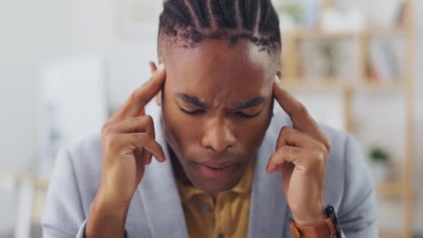 Mental health, pain and black man burnout from office stress, overworked or company project crisis. Fatigue, migraine and tired person, business consultant or depressed worker with headache problem. - Footage, Video