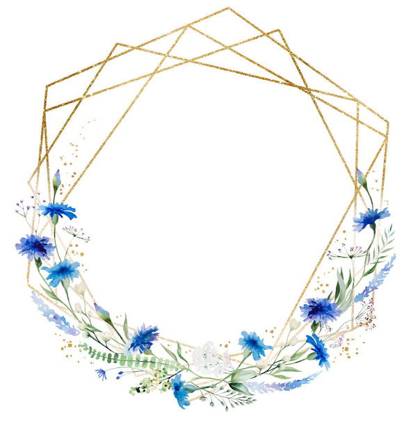 Watercolor Azul cornflower olden moldura geométrica, ilustração isolada. Elemento floral Wildflower para cartões de papelaria e saudações de casamento de verão - Foto, Imagem