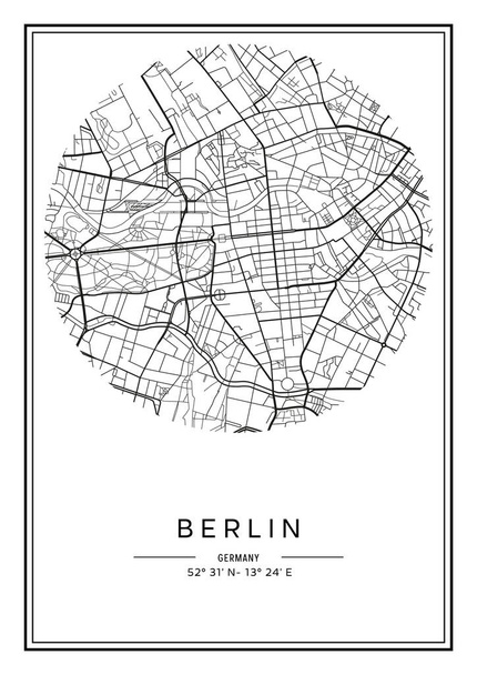 Mapa de Berlín imprimible en blanco y negro, diseño de póster, vector illistration. - Vector, Imagen