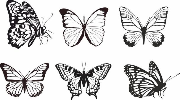 Ensemble vectoriel de papillons monochromes. Bel insecte aux grandes ailes noires. Dessin d'un coléoptère volant.Convient pour le sablage, le laser et la découpe de traceur - Vecteur, image