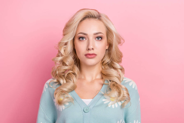 Photo of nice gorgeous young person calm face curly hairdress isolated on pink color background. - Foto, Imagen
