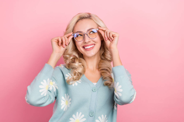 Photo of young lovely pretty woman wearing stylish cardigan springtime daisy print touch glasses look mockup isolated on pink background. - Φωτογραφία, εικόνα