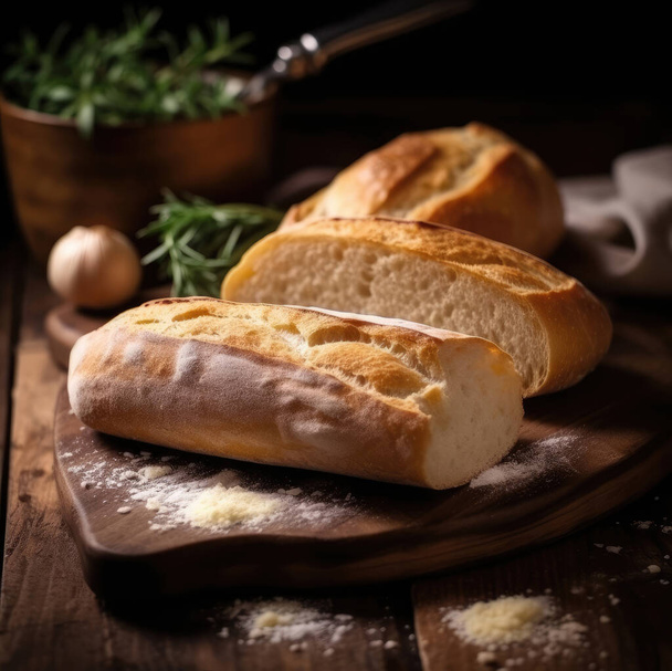 Appetizing cutting of ciabatta on a cutting board on the table. - Foto, Imagem