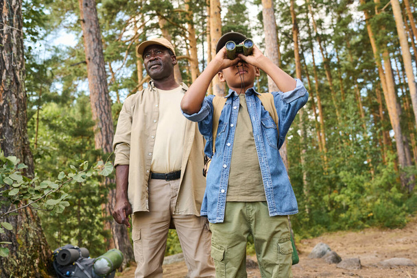 週末のハイキング中に祖父と一緒に松の木の森に立っている間、双眼鏡で見ている犠牲者の男の子 - 写真・画像