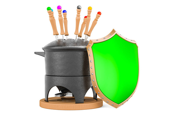 Fondue set with shield, 3D rendering isolated on white background - Photo, Image