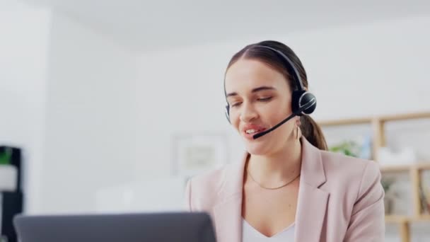 Telemarketing, laptop video call or business woman talking on networking communication, sales pitch or callcenter. Headset, call center office or customer care person consulting on support help desk. - Footage, Video