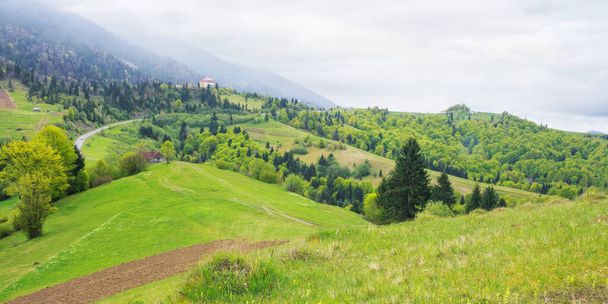 paisaje rural de montaña en primavera. colinas cubiertas de hierba y campos en colinas onduladas. cresta distante bajo un cielo nublado - Foto, imagen