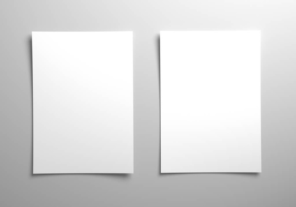 Two blank sheets of paper on white background. Poster or flyer mockup or template for custom design. 3D Illustration - 写真・画像