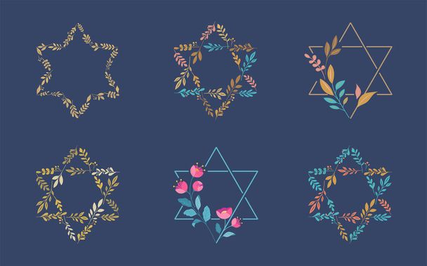 Židovský symbol. Davidova hvězda s listy, sbírka květin. Bat a Bar Mitzvah koncepce designu. Vektorové obrázky - Vektor, obrázek