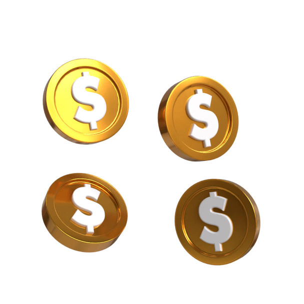Zestaw złotych monet w różnym kształcie na białym tle. Symbol złota i bogactwa renderowania 3D - Zdjęcie, obraz