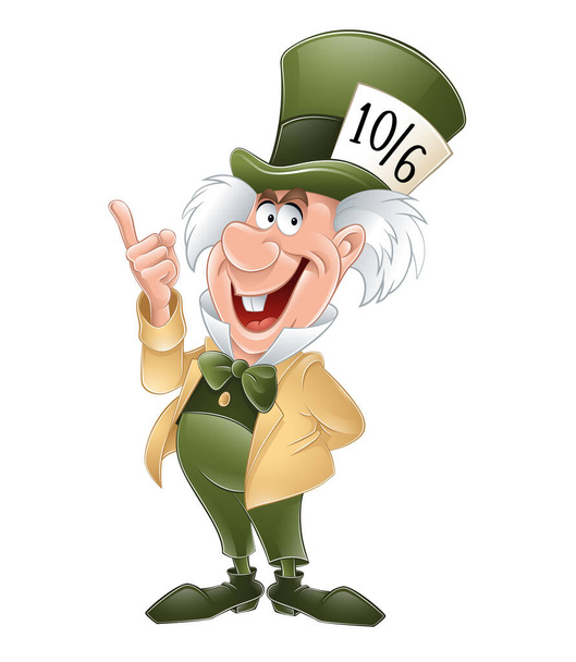 Madhatter uit Wonderland met groene hoed op zijn hoofd wijzend met zijn vinger. Vectorillustratie - Vector, afbeelding