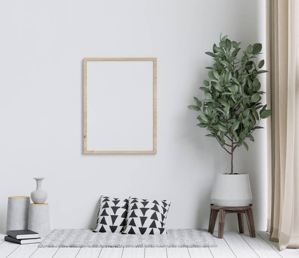 minimální styl obývací pokoj s dřevěnou podlahou, bílá stěna, velký gauč, velké okno, koberec, dřevěná skříň, rám pro mockup - Fotografie, Obrázek