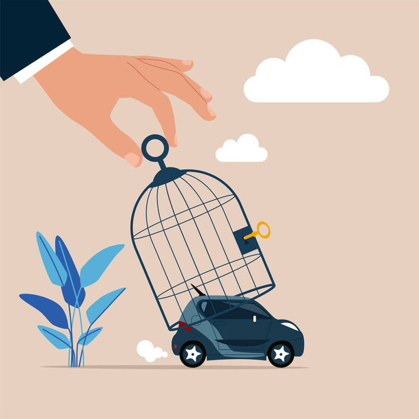  Grande main attrapant petit homme d'affaires en voiture avec cage à oiseaux. Illustration vectorielle moderne en style plat - Vecteur, image