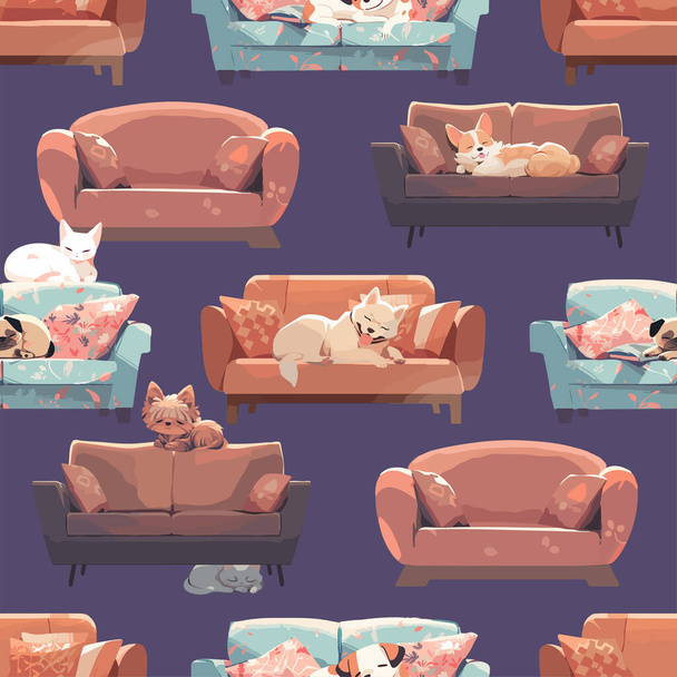 Cão bonito tendo uma soneca confortavelmente enrolada em um sofá macio moderno em um apartamento brilhante, esperando o retorno de um proprietário. Ilustração vetorial simples na paleta de cores de luz calma - Vetor, Imagem