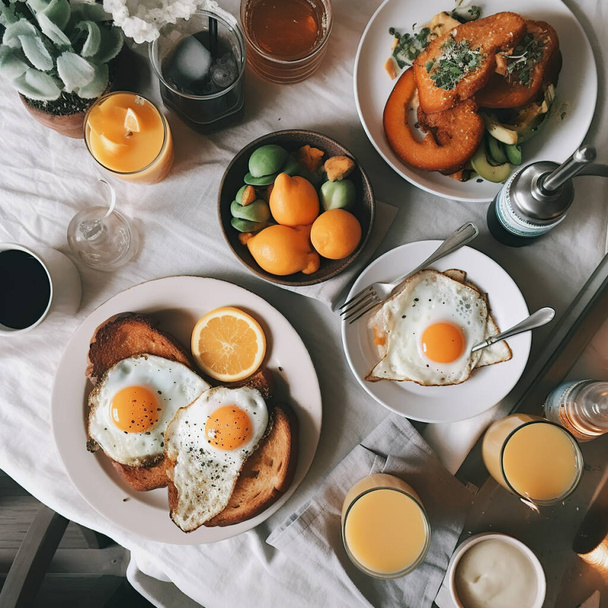 健康的な朝食のフードテーブルシーン。白い木の旗の背景の上の下の眺め。オムレツ、栄養価の高いボウル、トースト、グラノーラバー、スムージーボウル、ヨーグルト、果物。高品質の写真 - 写真・画像