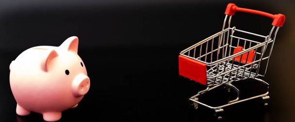 piggy bank in a shopping cart on a black background. us dollars. - Foto, Bild