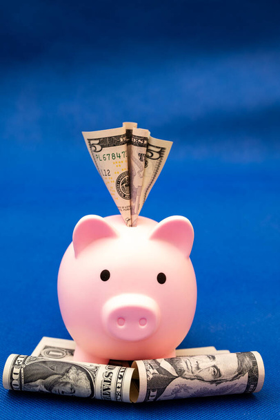 pig and 100 us dollars, blue background. loans to buy an apartment. - Фото, зображення