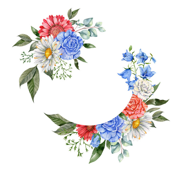 4th of July Patriotic Concept. Independence Day design element. Hand Painted Watercolor Floral Arrabgement . Botaical Illustration - Foto, Imagem