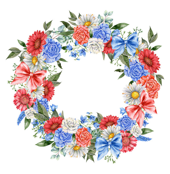 4 Ιουλίου Πατριωτική Έννοια. Στοιχεία σχεδιασμού της Ημέρας Ανεξαρτησίας. Χέρι βαμμένο ακουαρέλα Floral Arrabgement. Βοτανική απεικόνιση - Φωτογραφία, εικόνα