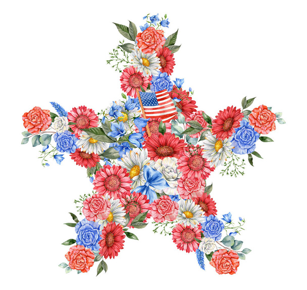 4 de Julho Conceito Patriótico. elemento de design do Dia da Independência. Pintado à mão aquarela Floral Arrabgement. Ilustração Botânica - Foto, Imagem