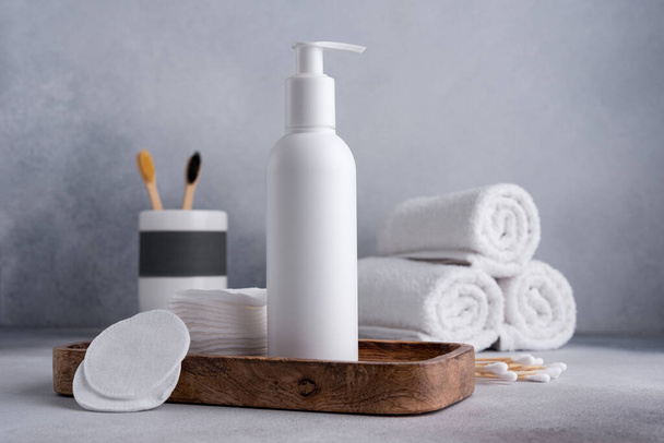 Bath and Skin Care Accessories on gray background. Natural organic bodycare concept, bath products. - Foto, afbeelding