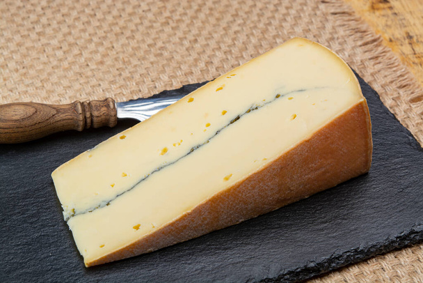 Sajtkollekció, francia Morbier féllágy tehéntej sajt fekete penészréteggel közelről - Fotó, kép