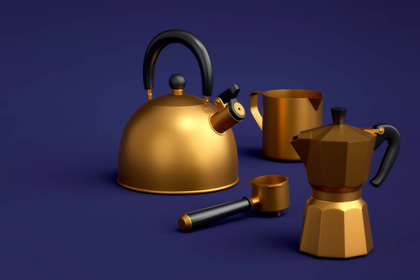 Espresso coffee machine, kettle with horn and geyser coffee maker for preparing breakfast on blue background. 3d render of coffee pot for making latte coffee - Фото, изображение